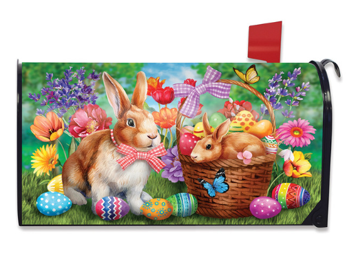 Easter-themed mailbox cover with bunnies, eggs, and flowers on a green background