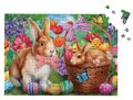 Easter-themed puzzle with bunnies, eggs, and flowers on a green background