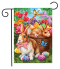 Decorative garden flag with Easter-themed design featuring bunnies, eggs, and flowers.