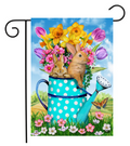 Decorative garden flag with bunnies in a polka dot watering can surrounded by flowers and butterflies.