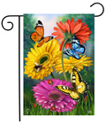 Decorative garden flag with colorful flowers and butterflies on a green background.