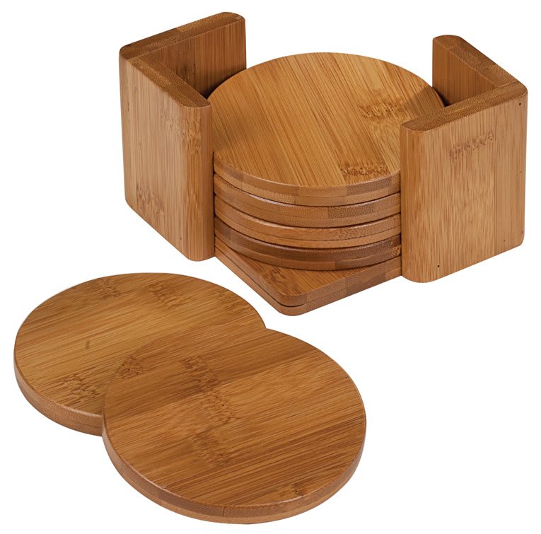 Personalized 3 3/4" Bamboo Round Coaster Set (6-Pack with Holder) – Laser Engraved