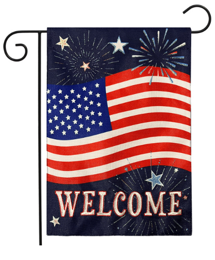 American flag garden flag with 'Welcome' text and fireworks on a blue background
