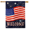 Decorative flag with American flag design, fireworks, and 'WELCOME' text on a white background.