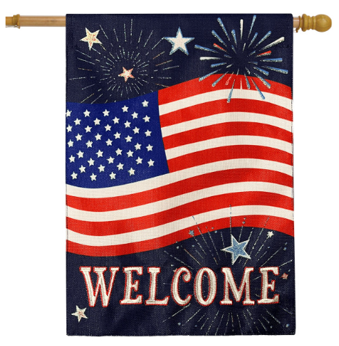 Decorative flag with American flag design, fireworks, and 'WELCOME' text on a white background.