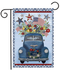 Decorative flag with a blue vintage car, American flags, and flowers on a checkered background.