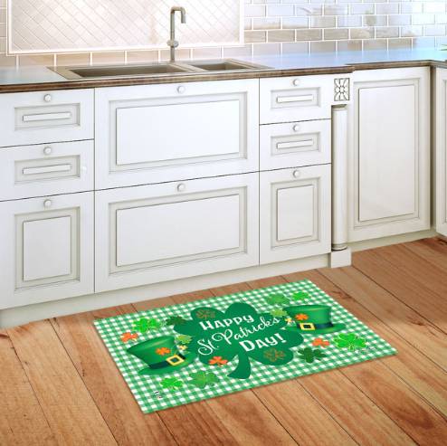 Celebrate St. Patrick’s Day Shamrock & Leprechaun Hat Doormat (Green Gingham)