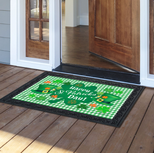 Celebrate St. Patrick’s Day Shamrock & Leprechaun Hat Doormat (Green Gingham)
