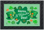 Celebrate St. Patrick’s Day Shamrock & Leprechaun Hat Doormat (Green Gingham)