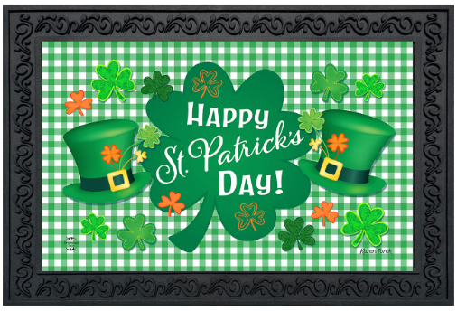Celebrate St. Patrick’s Day Shamrock & Leprechaun Hat Doormat (Green Gingham)