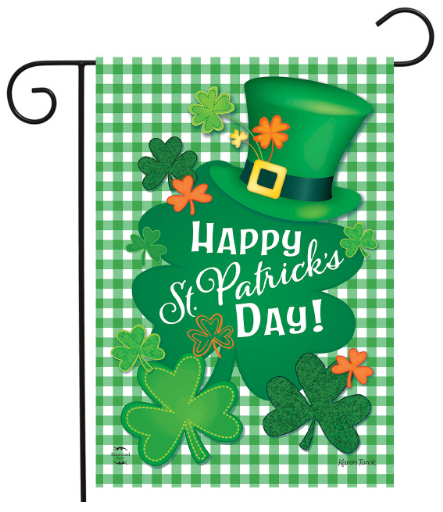 Celebrate St. Patrick’s Day Garden Flag (Shamrock, Leprechaun Hat & Green Gingham)