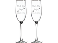 Two champagne flutes with laser engraved 'Mr & Mrs' and personalized text on a white background