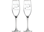 Two champagne flutes with laser engraved 'Mr & Mrs' and personalized text on a white background