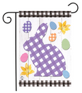 Decorative garden flag with a purple checkered bunny and Easter eggs on a white background