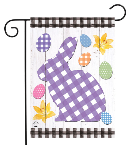 Decorative garden flag with a purple checkered bunny and Easter eggs on a white background