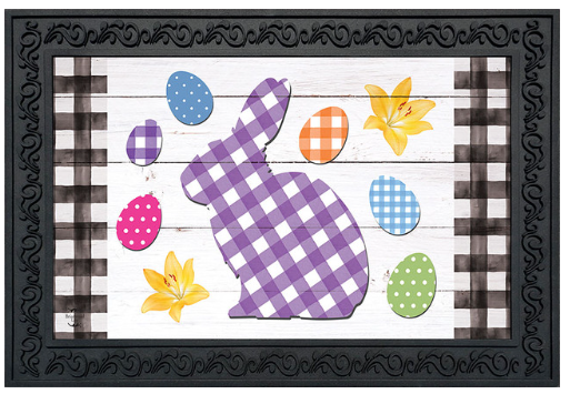 Decorative mat with a purple checkered bunny and Easter eggs on a wooden background