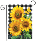 Decorative garden flag with sunflowers and a checkered pattern