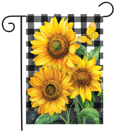 Decorative garden flag with sunflowers and a checkered pattern