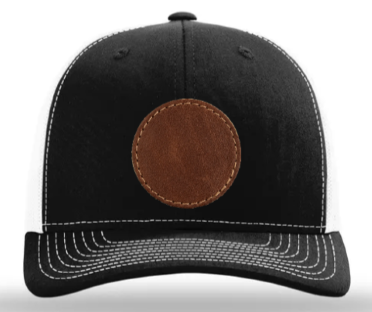 Black cap with a brown leather patch on a white background