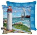 Decorative pillow with a lighthouse and sailboat design on a blue checkered background
