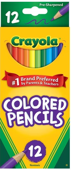 Crayola 12-pack of colored pencils in their original retail packaging, featuring a bright yellow box with a colorful pencil illustration and the text 'COLORED PENCILS'.