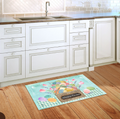 Decorative Easter mat on a wooden floor in a kitchen setting