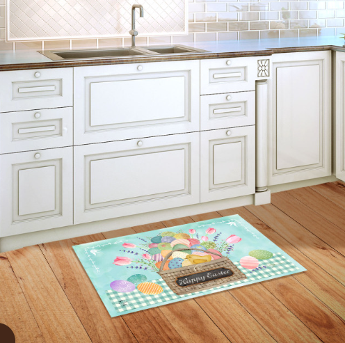 Decorative Easter mat on a wooden floor in a kitchen setting