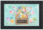 Decorative Easter-themed mat with a basket, eggs, and flowers on a checkered background.