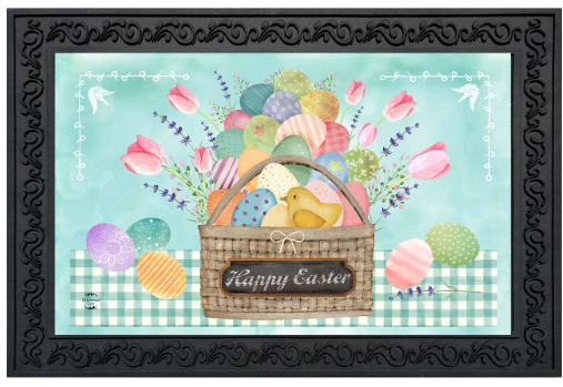 Decorative Easter-themed mat with a basket, eggs, and flowers on a checkered background.