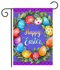 Decorative flag with colorful Easter eggs and 'Happy Easter' text on a purple background.
