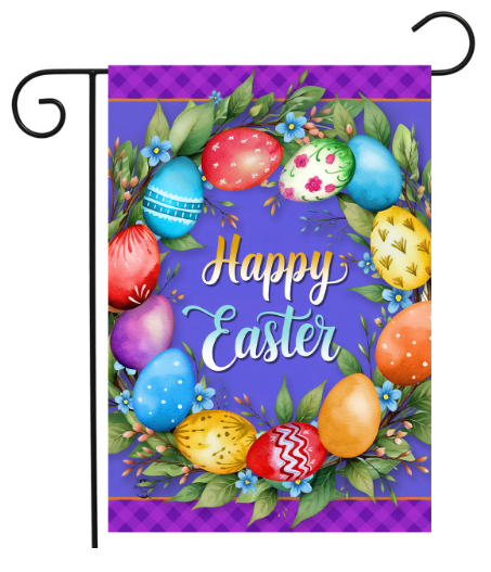 Decorative flag with colorful Easter eggs and 'Happy Easter' text on a purple background.