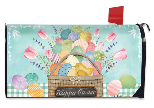 Easter-themed mailbox cover with colorful eggs, flowers, and a chick on a blue background.