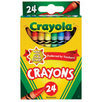 A 24-count box of Crayola crayons on a plain white background. The packaging is bright yellow and green with a clear window showing the colorful crayons inside.