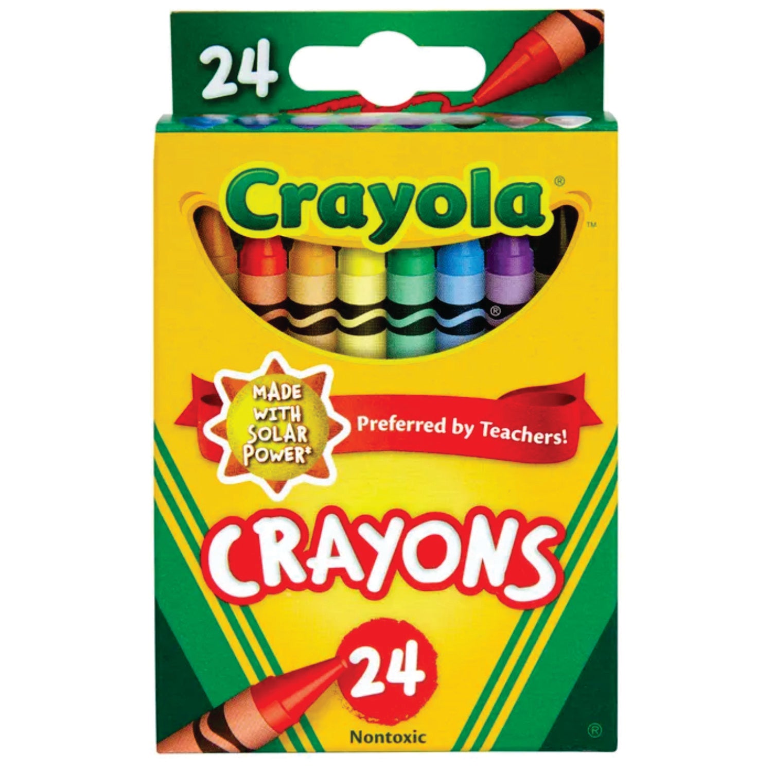 A 24-count box of Crayola crayons on a plain white background. The packaging is bright yellow and green with a clear window showing the colorful crayons inside.