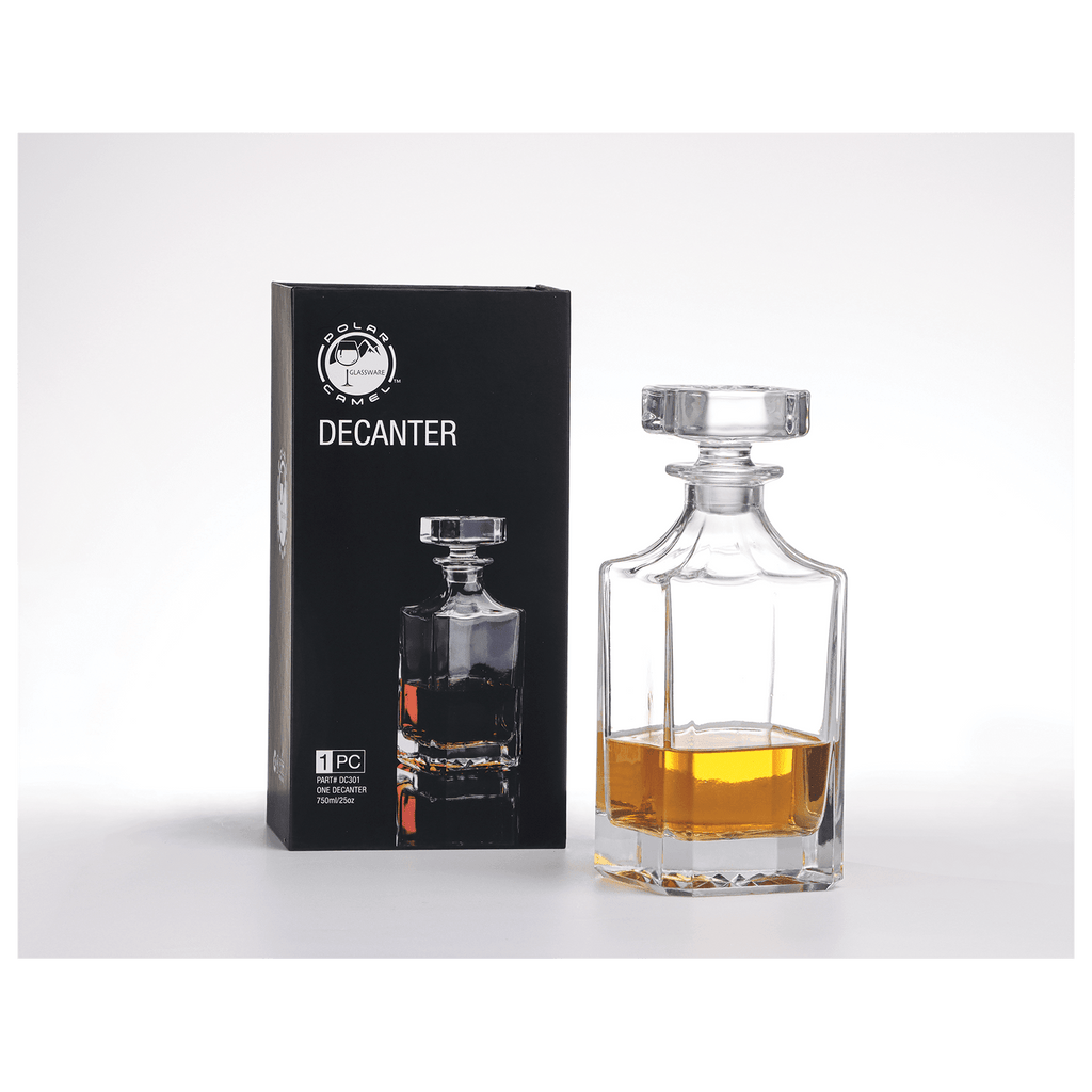 Glass decanter with liquid and packaging labeled 'Decanter' on a white background