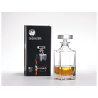 Glass decanter with liquid and packaging labeled 'Decanter' on a white background