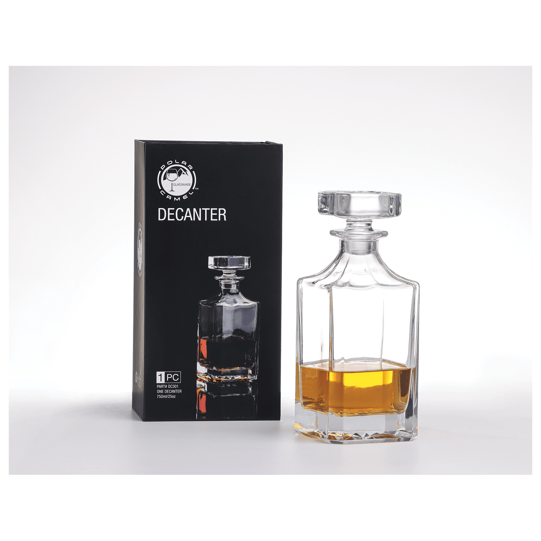 Glass decanter with liquid and packaging labeled 'Decanter' on a white background