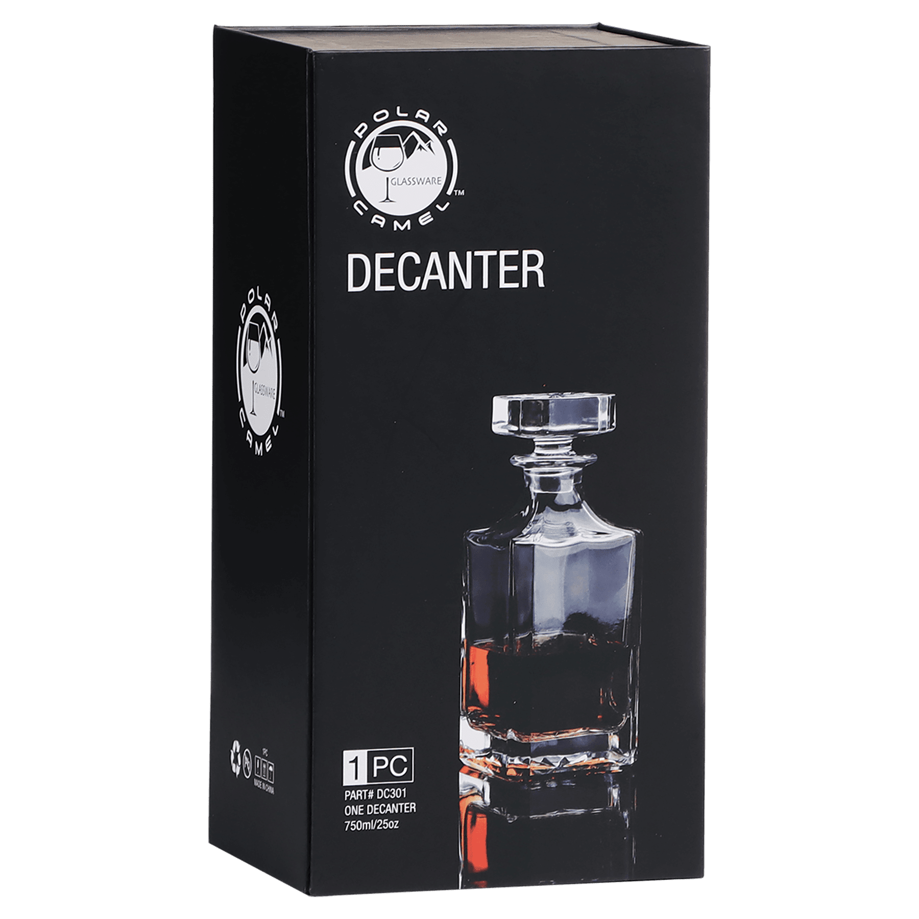 Black box packaging of a decanter with a glass decanter on a white background