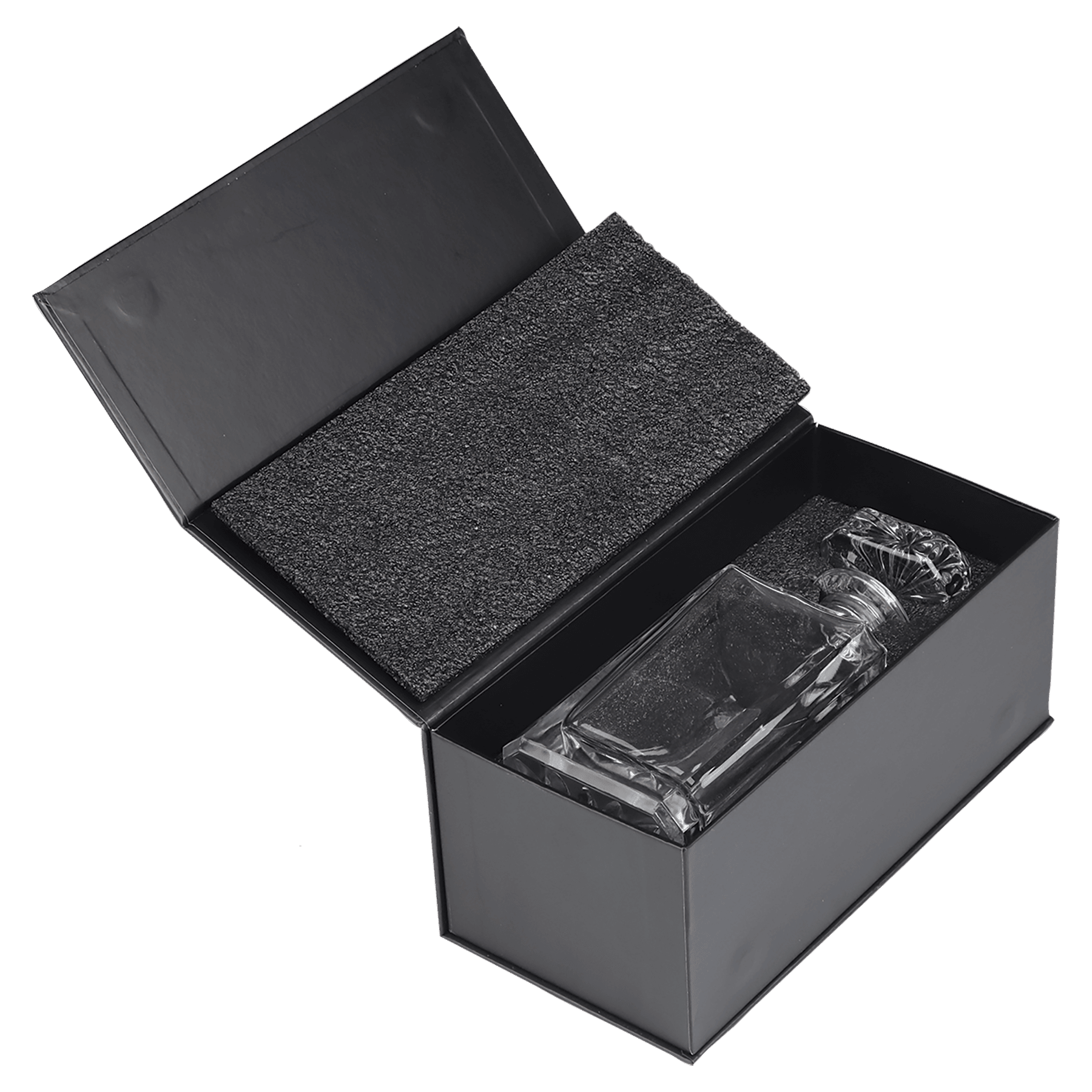 Clear glass object in an open black box with black interior