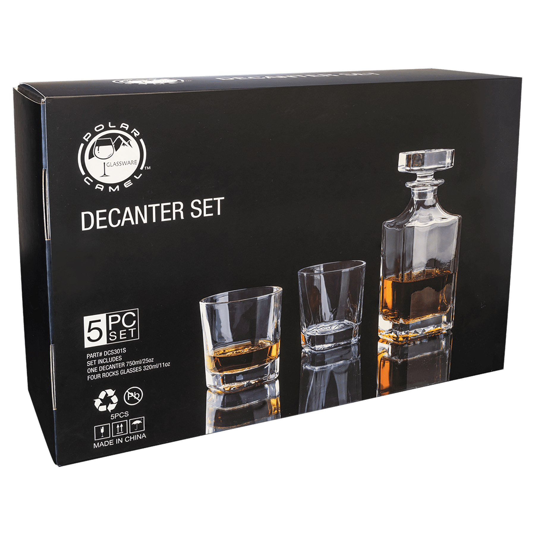 Polar Camel Square Decanter Gift Set – 750mL Glass Decanter & Four 11 oz. Rocks Glasses in Gift Box