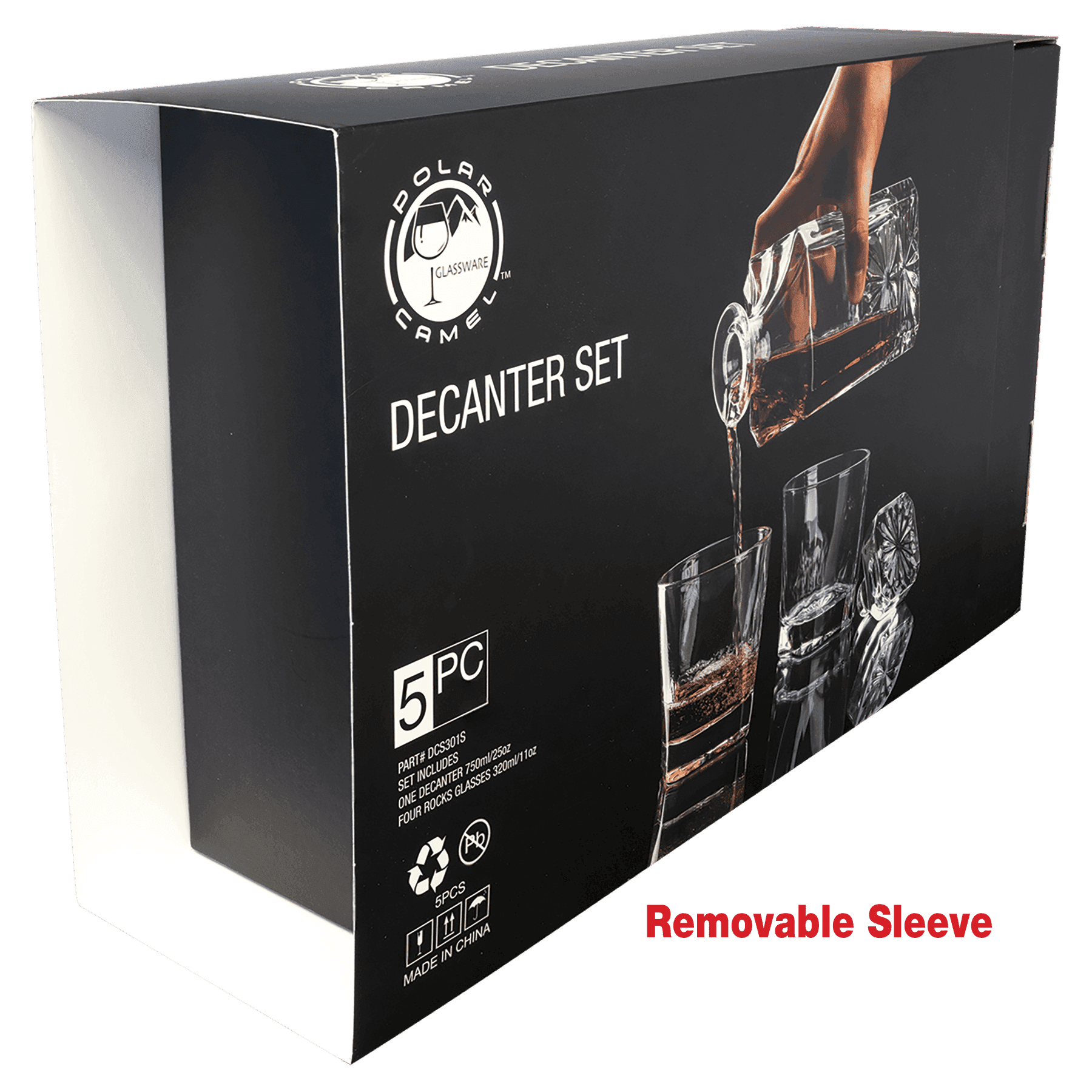 Polar Camel Square Decanter Gift Set – 750mL Glass Decanter & Four 11 oz. Rocks Glasses in Gift Box