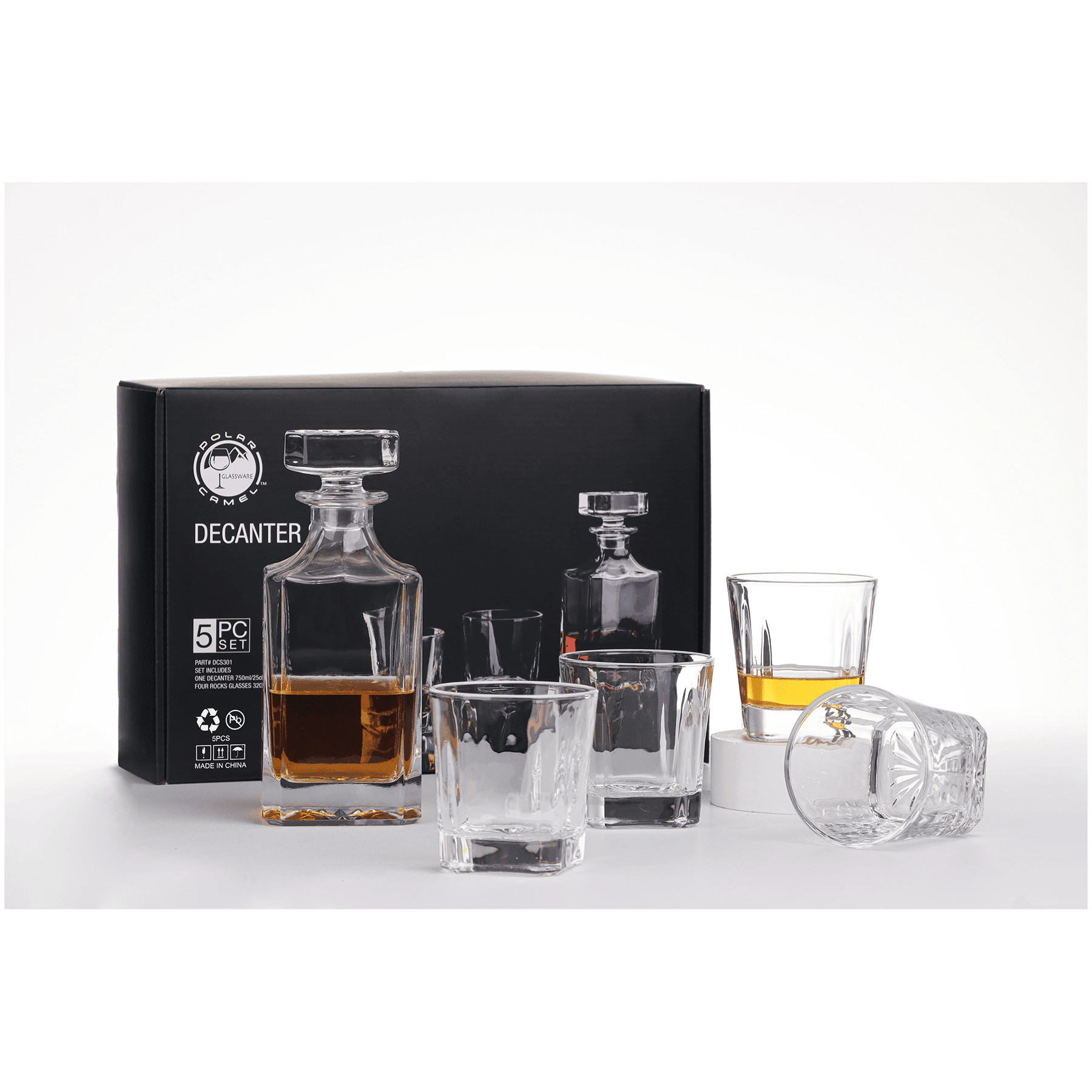Polar Camel Square Decanter Gift Set – 750mL Glass Decanter & Four 11 oz. Rocks Glasses in Gift Box