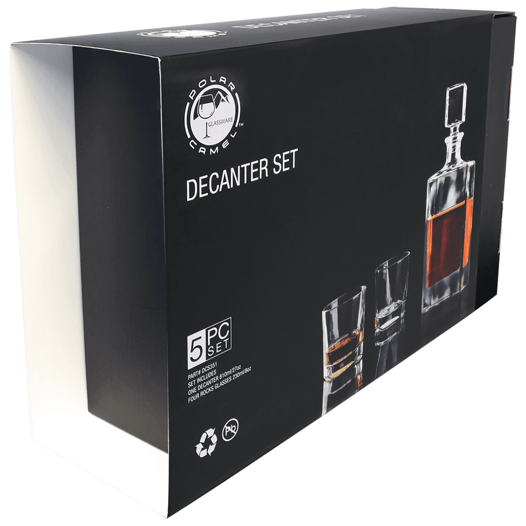 Polar Camel Rectangle Decanter Gift Set – 810mL Glass Decanter & Four 8 oz. Rocks Glasses in Black Gift Box