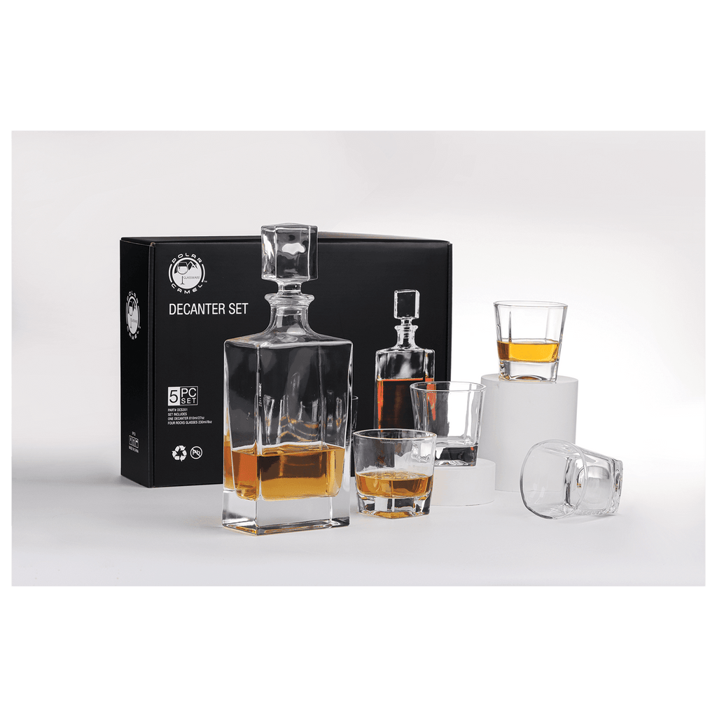 Polar Camel Rectangle Decanter Gift Set – 810mL Glass Decanter & Four 8 oz. Rocks Glasses in Black Gift Box