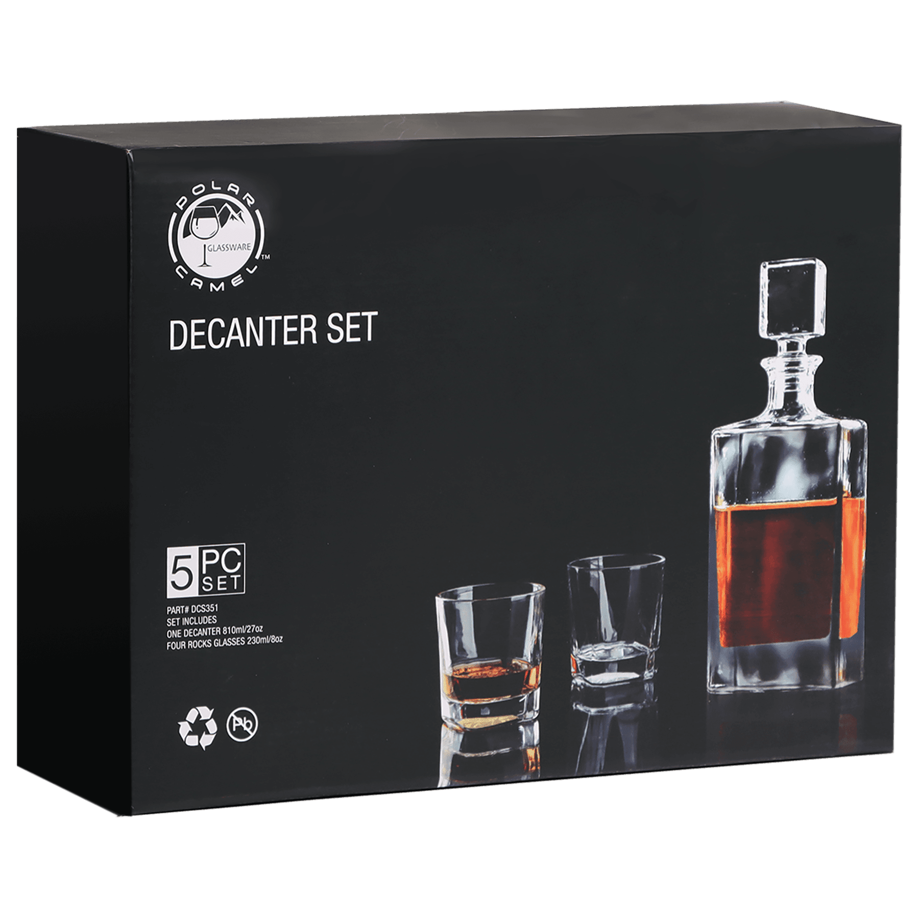 Polar Camel Rectangle Decanter Gift Set – 810mL Glass Decanter & Four 8 oz. Rocks Glasses in Black Gift Box