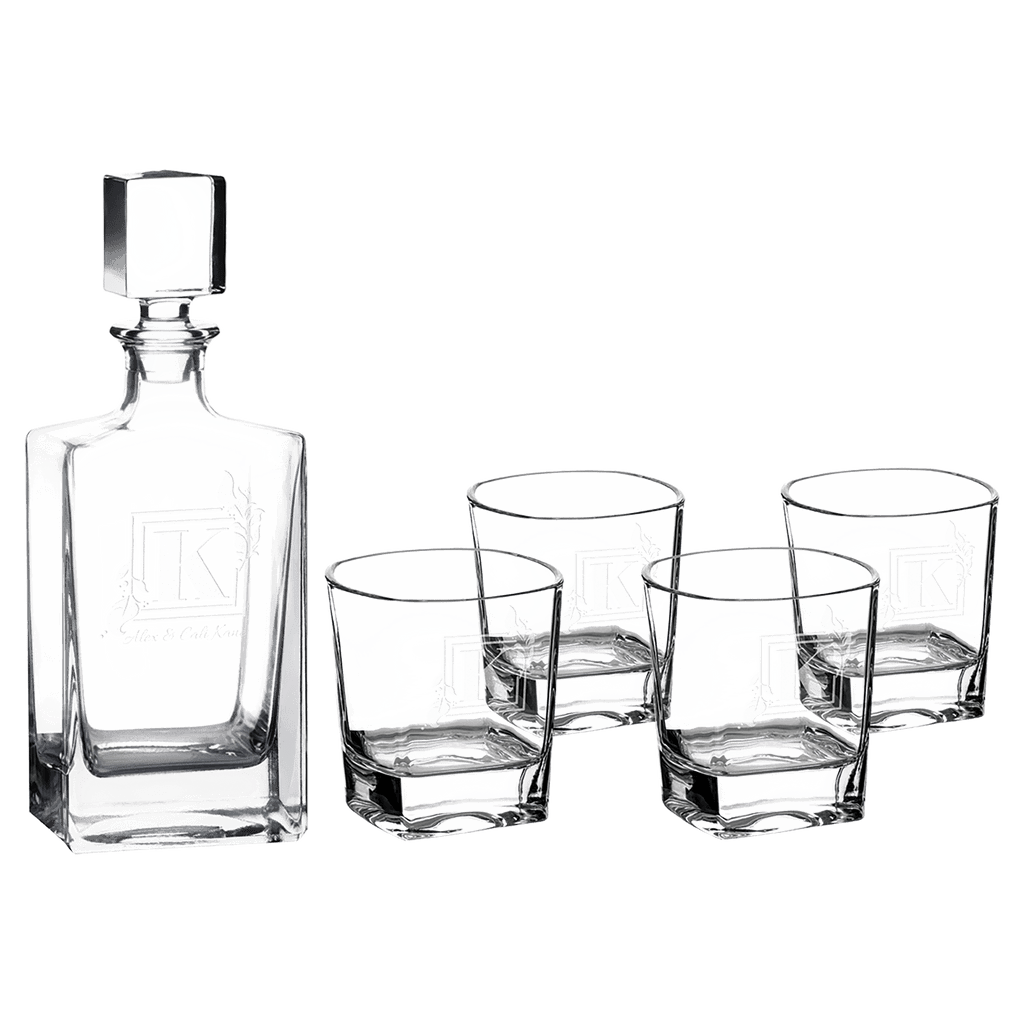 Polar Camel Rectangle Decanter Gift Set – 810mL Glass Decanter & Four 8 oz. Rocks Glasses in Black Gift Box