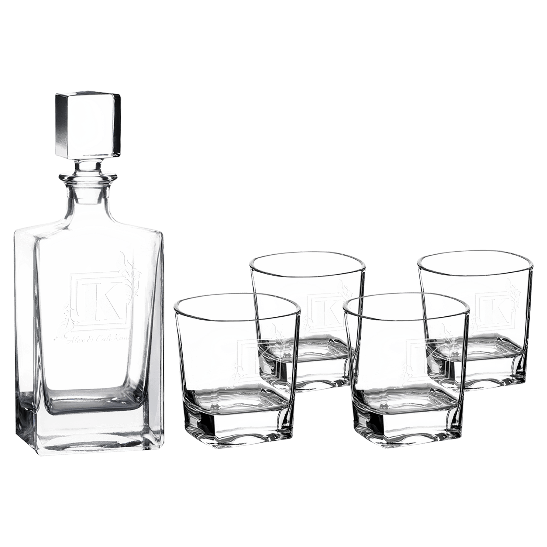 Polar Camel Rectangle Decanter Gift Set – 810mL Glass Decanter & Four 8 oz. Rocks Glasses in Black Gift Box