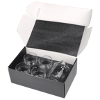 Set of glass tumblers in a black box with white lid