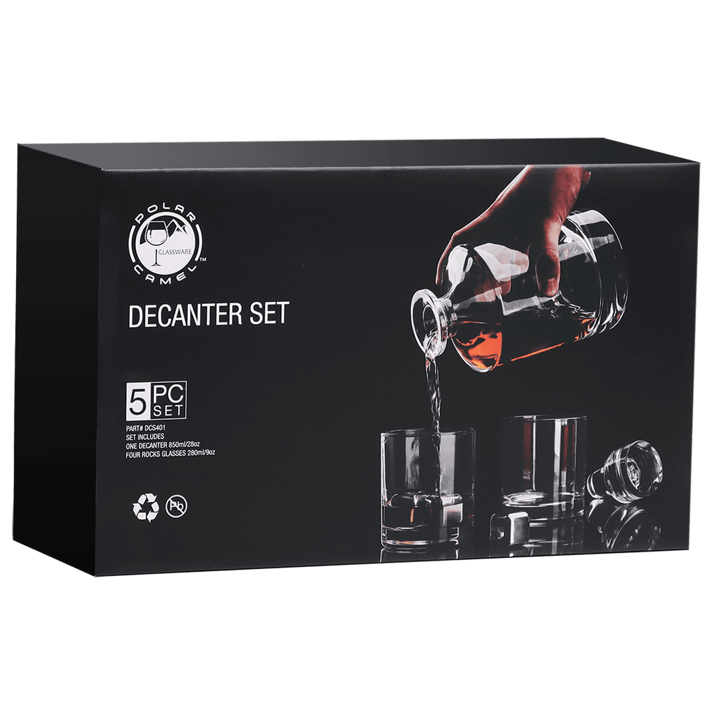 Polar Decanter Set packaging with a hand pouring liquid into a decanter.