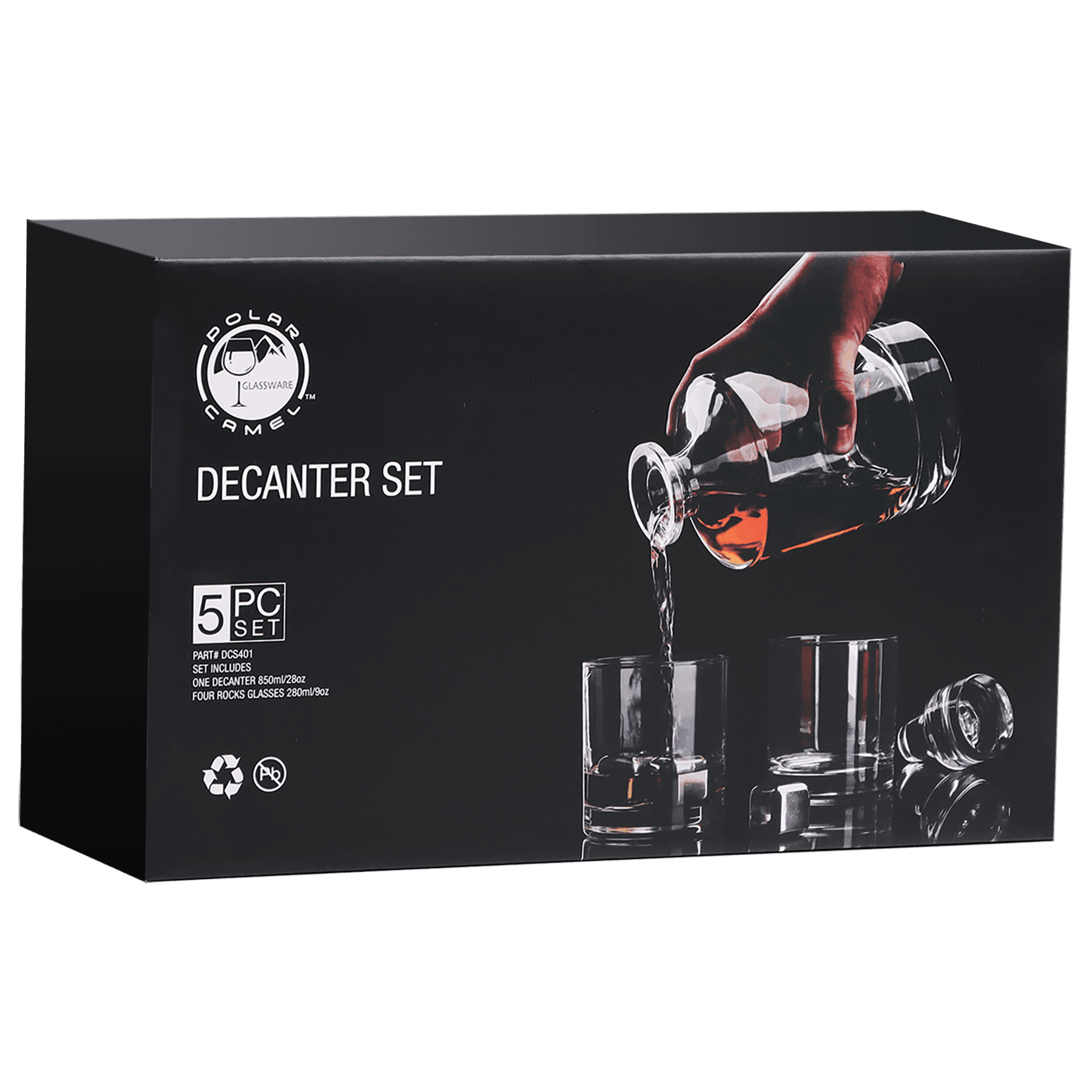 Polar Camel Round Decanter Gift Set – 850mL Glass Decanter & Four 9 oz. Rocks Glasses in Gift Box